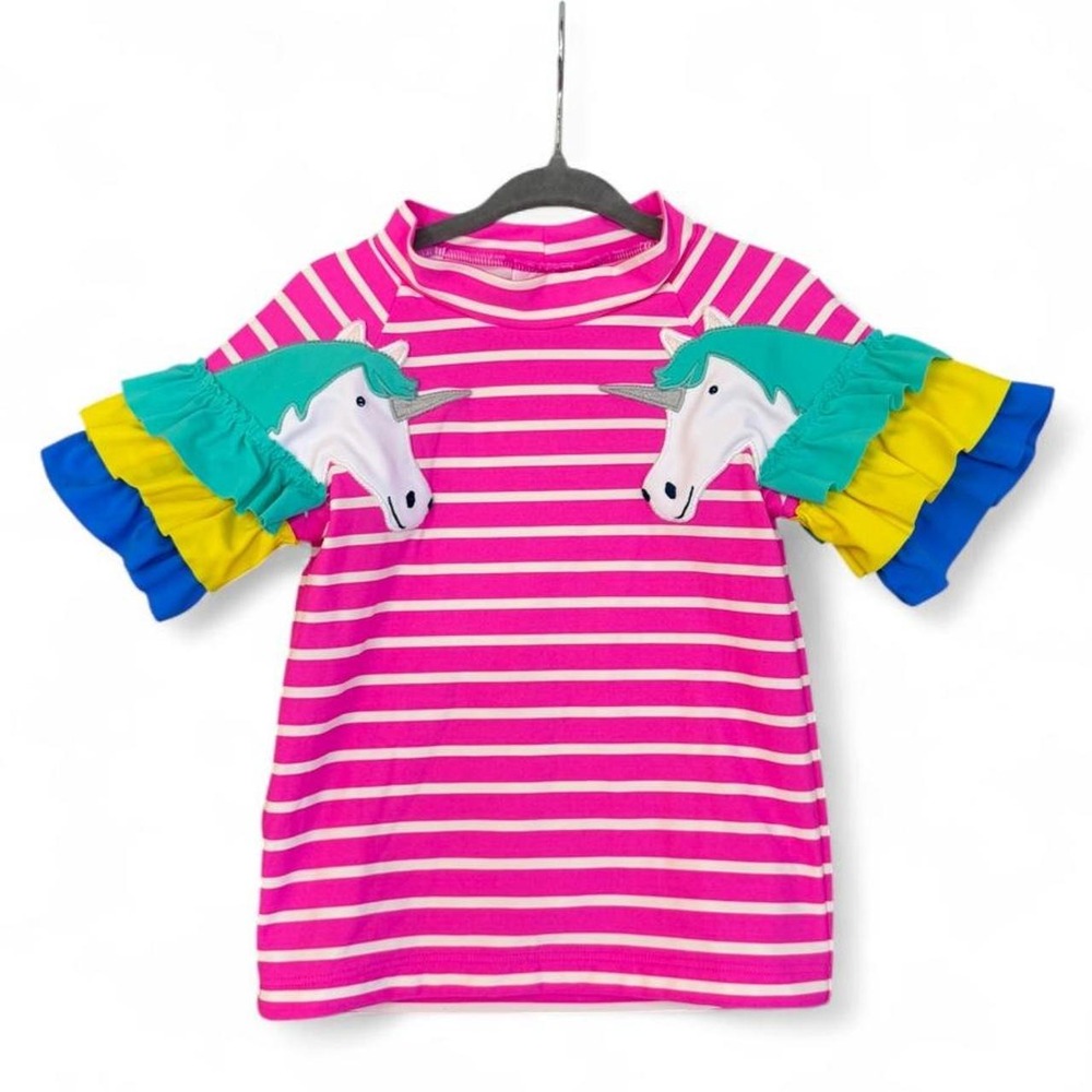 Mini Boden Girl's Pink Stripe Unicorn Appliqué Rash Guard Swim Top | Size 4-5